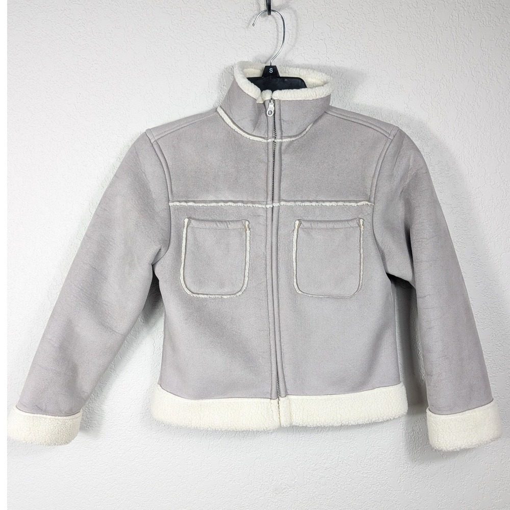 GAP Faux Suede Sherpa Jacket Kids Large 10 Gray Aviator Moto Zip Up Coat